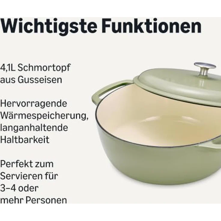 Amazon Basics Rundschmortopf, Emailliertes Gusseisen, 4,1 L, Olivgrün, mit Deckel, Backofenfest bis 260 °C, geeignet für Induktion – Bild 2