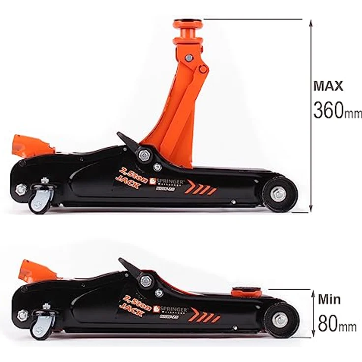 Springer Werkzeuge 2,5T Rangierwagenheber Wagenheber 80-360mm Hydraulisch 2 Auflagen SUV Adapter inkl. Handschuhe, Schwarz – Bild 7