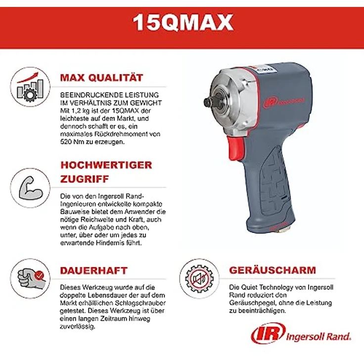 Ingersoll-Rand 3/8"-Antrieb Ultrakompakter Druckluft-Schlagschrauber 15QMAX mit leiser Technologie, 520 Nm maximales Lösedrehmoment, 2-jährige Garantie. – Bild 4