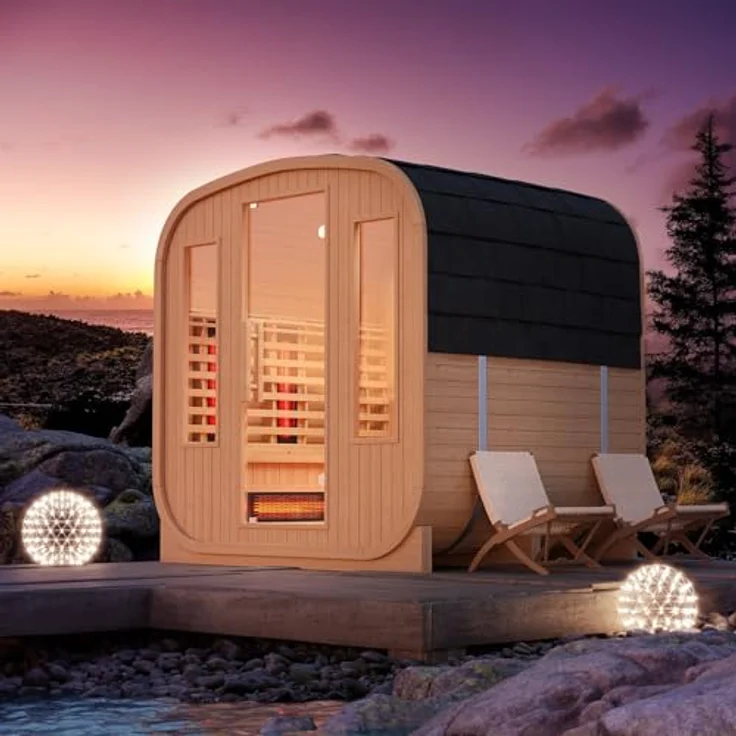 Dewello® -Cube Outdoor Fasssauna Richmond - 200 cm x 180 cm x 200 cm, Fichtenholz - 10 Infrarotstrahler, Saunaofen, Saunazubehör - Gartensauna für 4 Personen – Bild 3