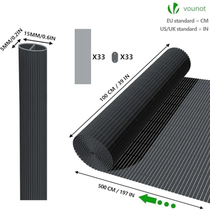 VOUNOT PVC Sichtschutzmatte 100 x 500 cm, verstärkt und texturiert, Grau, ideal für Garten, Balkon und Terrasse – Bild 5