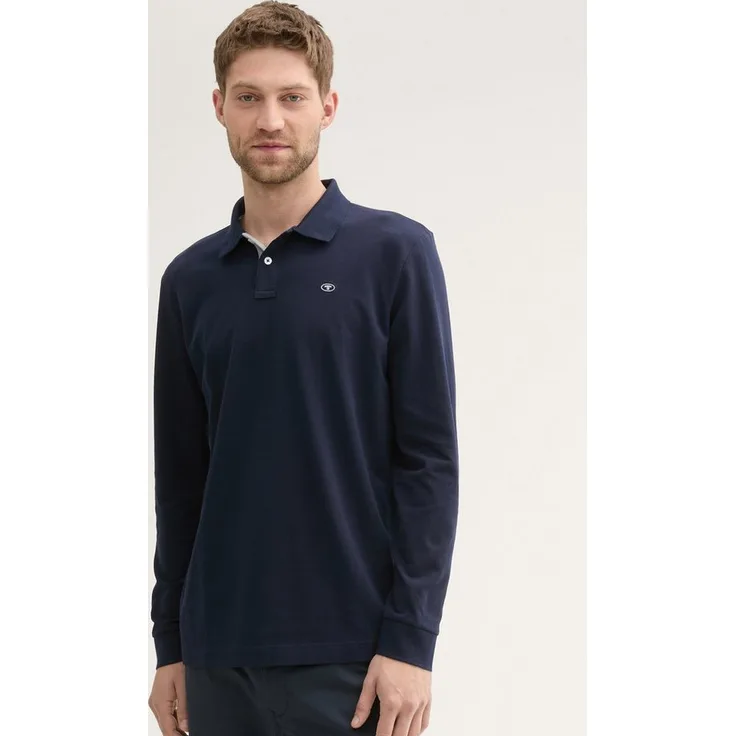 TOM TAILOR Langarm-Poloshirt Langärmliges Piqué Poloshirt, atmungsaktive Baumwolle, gesticktes Logo, Blau