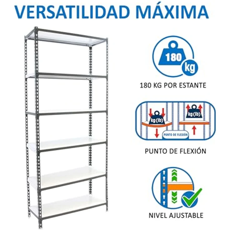 Simonrack Simonclick Metallregal Mini, 250 x 80 x 30 cm, 6 Böden, Traglast 180 kg pro Boden, anthrazit/weiß, steckbar – Bild 4