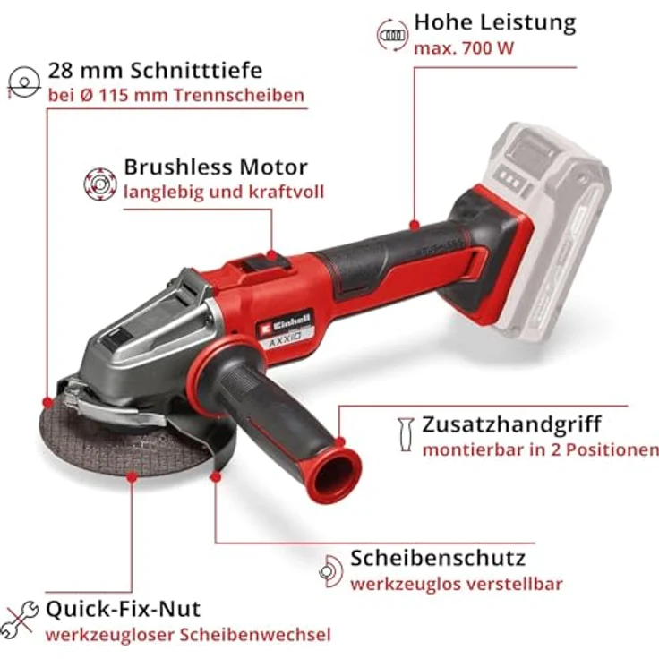 Einhell Akku-Winkelschleifer AXXIO 18-115 Q Li-Solo Power X-Change PXC 18 V, Li-Ion, Ø115 mm, 28 mm Schnitttiefe, bürstenloser Motor, Wiederanlauf--Überlastschutz, ohne Trennscheibe, Akku plus Ladegerät 115 mm Akku – Bild 3