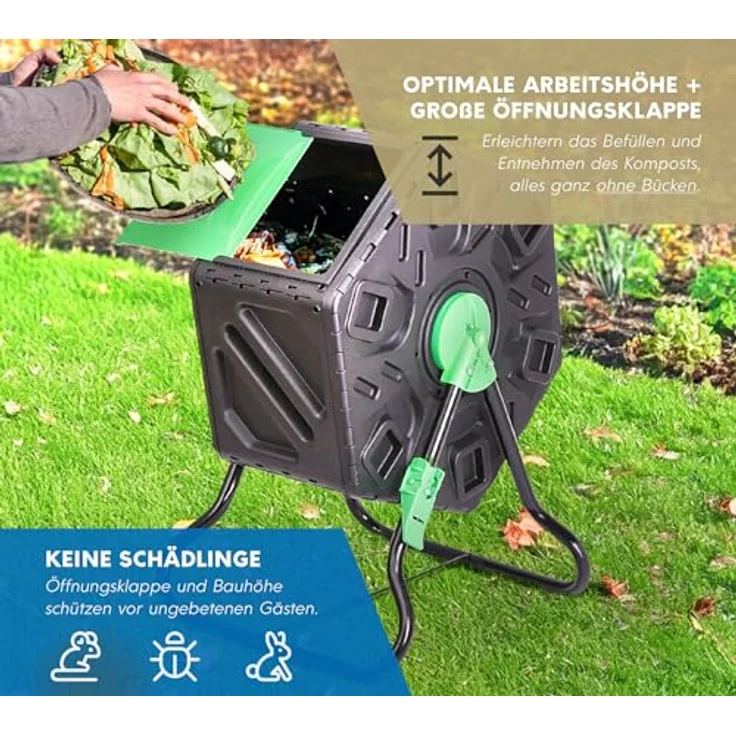 Westmann Kunststoff Trommelkomposter Humus, 60 L rotierender Komposter mit 360° Drehfunktion, mobiler Gartenabfall-Kompostierer, rückenschonend und platzsparend, grün, 60x74x36 cm – Bild 4