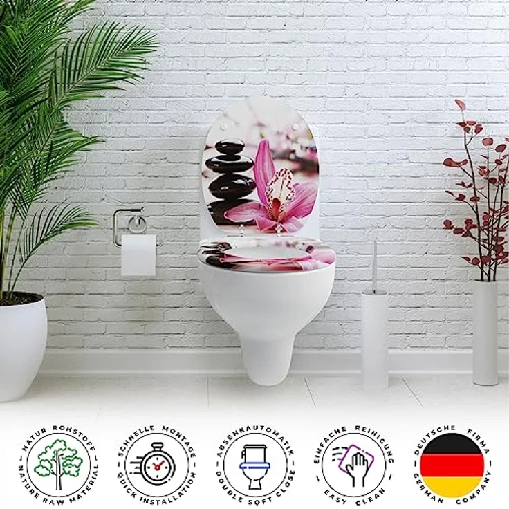 Sanfino WC Sitz Pink Flower, Toilettendeckel aus Holz mit Absenkautomatik und verchromten Metallscharnieren, 43,5 x 37,5 cm – Bild 4