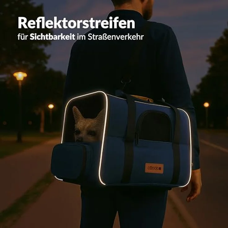Cadoca Tiertransportbox, faltbare Transporttasche für Hund und Katze, blauer Stoff, mit wendbarem Liegekissen, Reflektoren und faltbarem Trinknapf – Bild 6