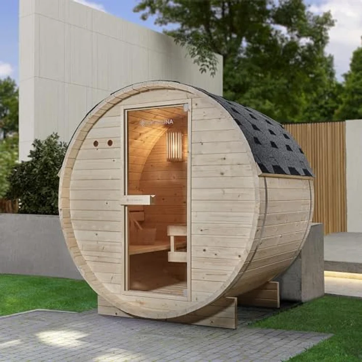 Artsauna Fasssauna Spitzbergen 120, für 2 Personen, Fichtenholz, 3,6 kW Elektro-Ofen, Komplett-Set, Naturfarben – Bild 2