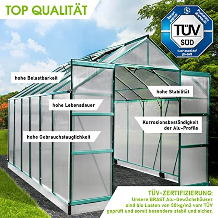 BRAST Gewächshaus Aluminium mit Fundament | TÜV geprüft | 6mm Hohlkammerplatten | rostfrei, wetterfest, temperaturbeständig | 380x250x235cm | Grün – Bild 3