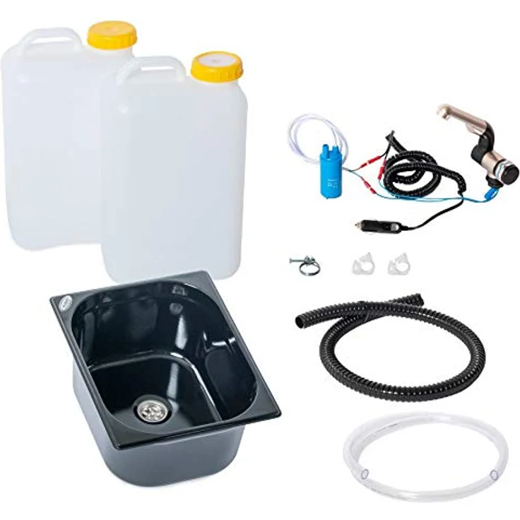 ad-ideen Waschbecken Bausatz 230V, Handwaschbecken Schwarz mit 19L Frischwasserspeicher, inkl. Edelstahl-Ablaufsystem, 325x265x150mm – Bild 1