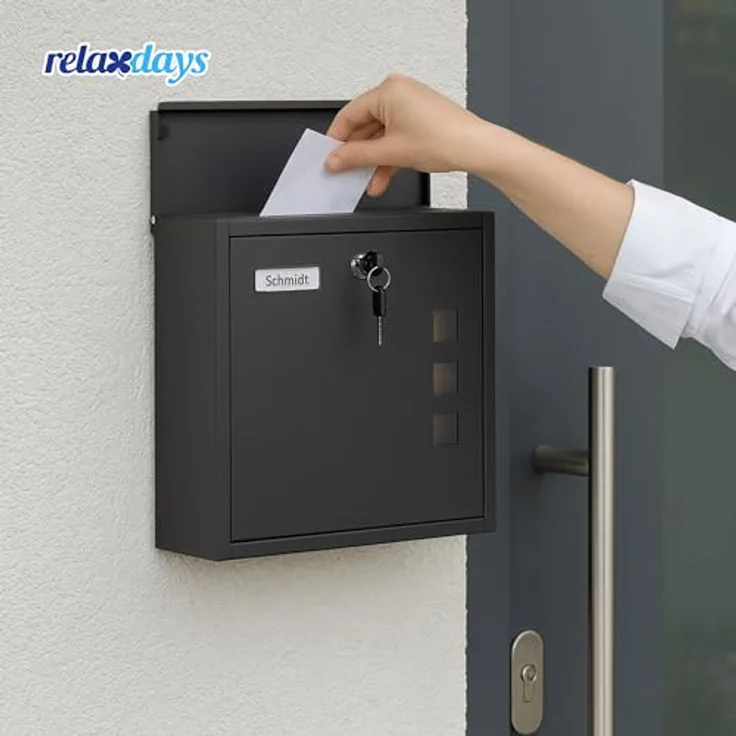 Relaxdays Briefkasten mit Sichtfenstern, Wandpostkasten aus Eisen, HxBxT: 33 x 35 x 12 cm, schwarz, 4 Schlüssel, breiter Einwurfschlitz für DIN C4-Format – Bild 2
