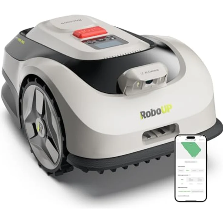 RoboUP Raccoon 2 SE, Rasenmäher Roboter ohne Begrenzungskabel, KI-gesteuert, max. 600㎡, 5Ah Schnelllade-Akku, App-Steuerung, 3-8cm Schnitthöhe, 20° Steigung, flüsterleise 56 dB – Bild 1