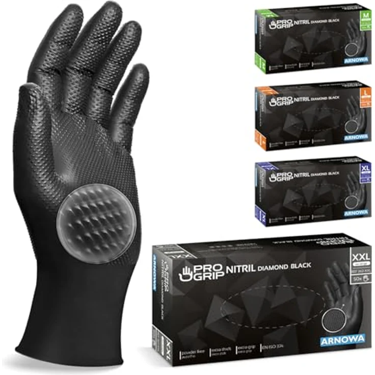 ARNOMED PROGRIP Einweghandschuhe Diamant Grip, Schwarz, Extra starke Nitrilhandschuhe Gr. XXL, 2x dicker, chemikalienbeständig, 50 Stk/Box – Bild 1