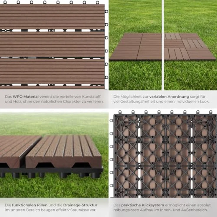 tectake Terrassenfliesen Tegulas, 11-teiliges WPC-Fliesenset, 1,0571 m², Klicksystem, Holzdesign, rutschfest, frostsicher – Bild 4