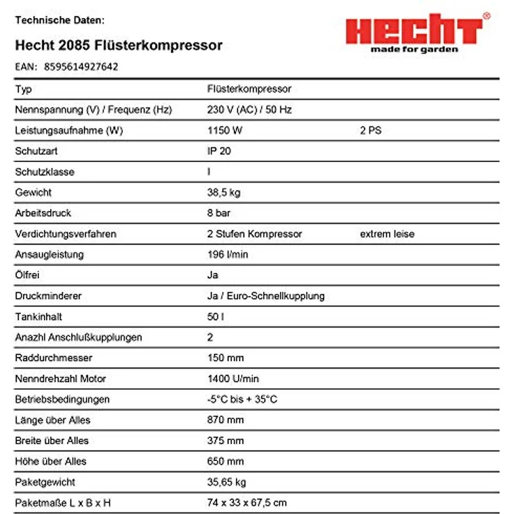 HECHT 2085 Flüster Kompressor, 8bar, 50 Liter, 196l/h, Druckminderer und Schnellkupplung – Bild 7