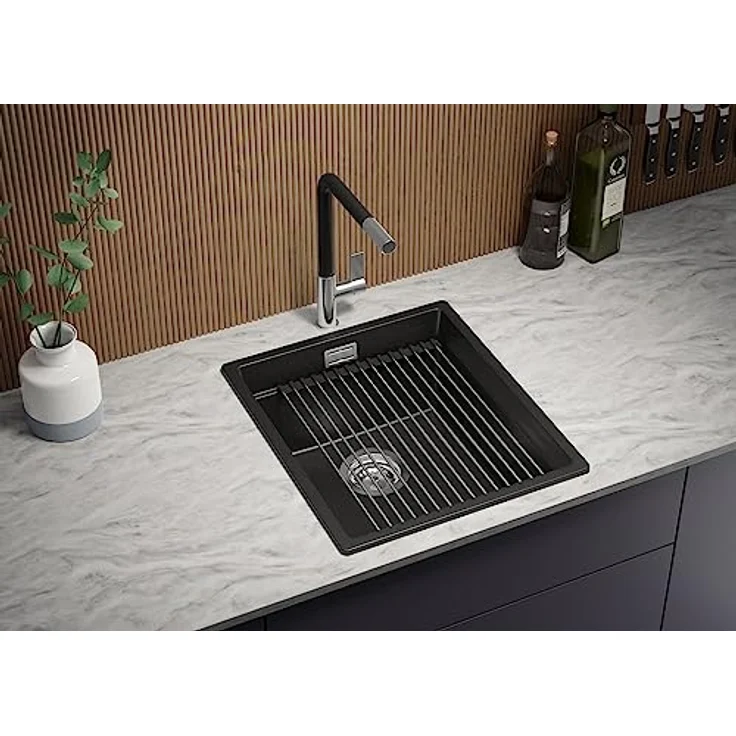 Primagran Spülbecken Alles Schwarz 41x47cm, Granitspüle 1 Becken + Ablauf-Set + Aufrollbare Abtropffläche - Prag Slim, schwarz – Bild 2