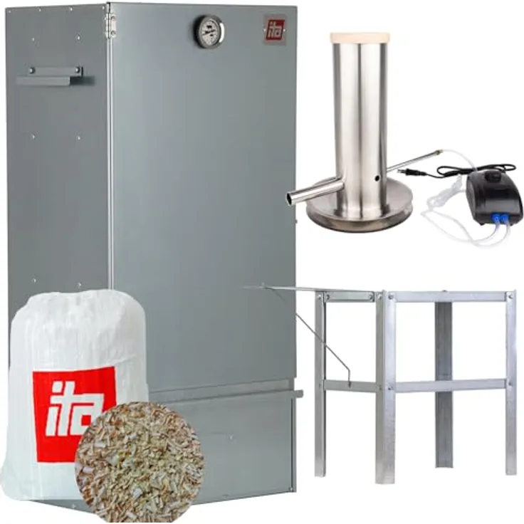 ITA Räucherofen 7005, Smoker Set mit Rauchgenerator, Tisch, Edelstahl, 81 cm hoch, mit Thermometer und 3 Etagen, EU Qualität