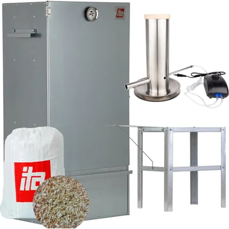 ITA Räucherofen 7005, Smoker Set mit Rauchgenerator, Tisch, Edelstahl, 81 cm hoch, mit Thermometer und 3 Etagen, EU Qualität – Bild 1