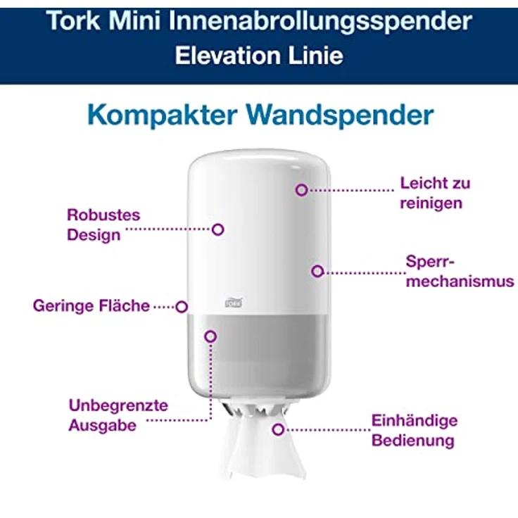 Tork 558000 Mini Innenabrollungsspender für M1 Papierwischtücher, hygienische Einzeltuchentnahme, weiß, (B x H x T) 174 x 321 x 165 mm – Bild 3