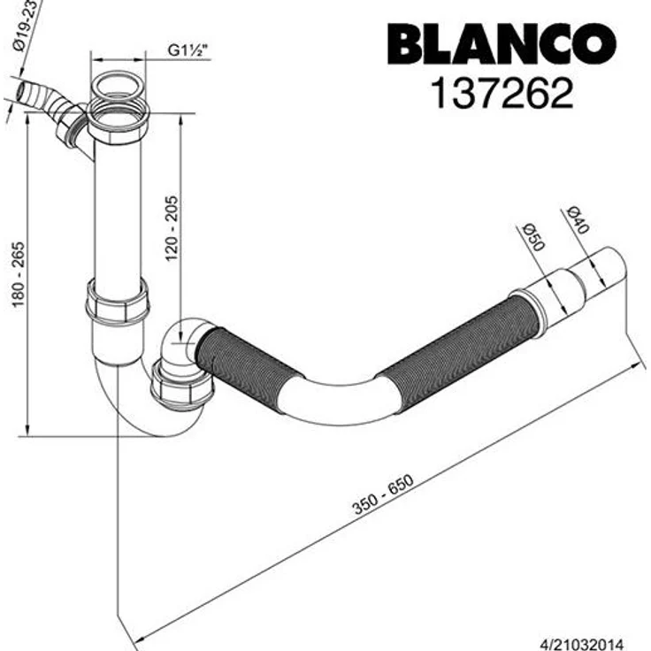 Blanco Sifon 251200, Geruchsverschluss 1 1/2'' mit flexiblem Schlauch Abgang Ø 40 und 50 mm – Bild 1