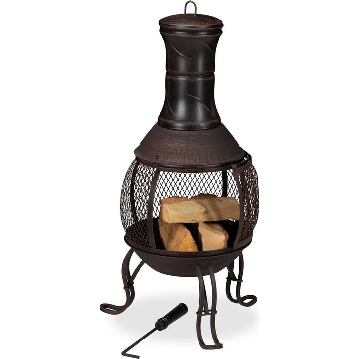 relaxdays Feuerschale Aztekenofen für Garten rot-bronze, Inka-Design mit Funkenschutzgitter und Schürhaken – Bild 1