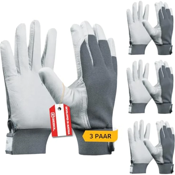 Gebol Uni Fit Comfort, 3 Paar Arbeitshandschuhe aus hochwertigem Leder, elastischer Bund & Klettverschluss, Sicherheitshandschuhe Gr. L/9, Weiß/Grau – Bild 1