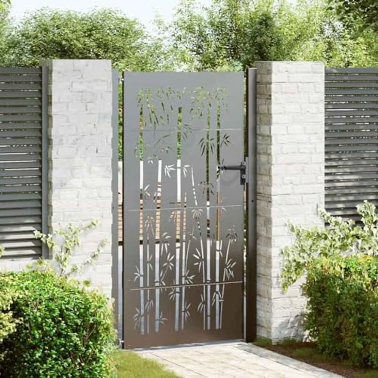 vidaXL Gartentor Schwarz 105 x 200 cm, Pulverbeschichteter Stahl mit Riegelverschluss und modernem Laserschneider-Design – Bild 2