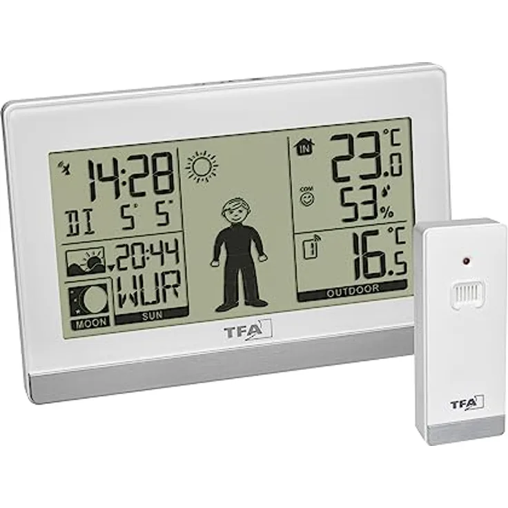 TFA Dostmann Digitale Wetterstation Weather Boy, 35.1159.02, Funk, mit Außensensor, Innen-und Außentemperatur, Mondphase, weiß, L 145x B 39 x H 97 mm