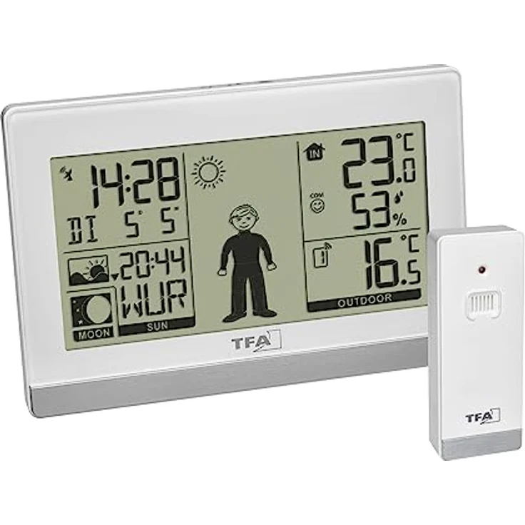 TFA Dostmann Digitale Wetterstation Weather Boy, 35.1159.02, Funk, mit Außensensor, Innen-und Außentemperatur, Mondphase, weiß, L 145x B 39 x H 97 mm – Bild 1