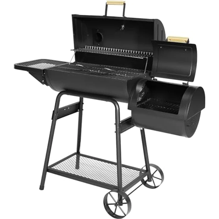 TAINO KAMAYO Smoker Räucherofen, kompakter Holzkohle-Grillwagen 132x56x118 cm mit 3-teiligem Gusseisen-Grillrost und klappbarem Seitentisch – Bild 5