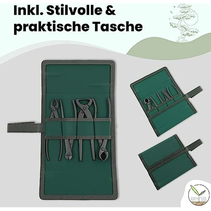 HappySeed Gartenschere Bonsai Werkzeug-Set Profi 4-teilig aus Stahl mit praktischer Tasche, grün – Bild 8
