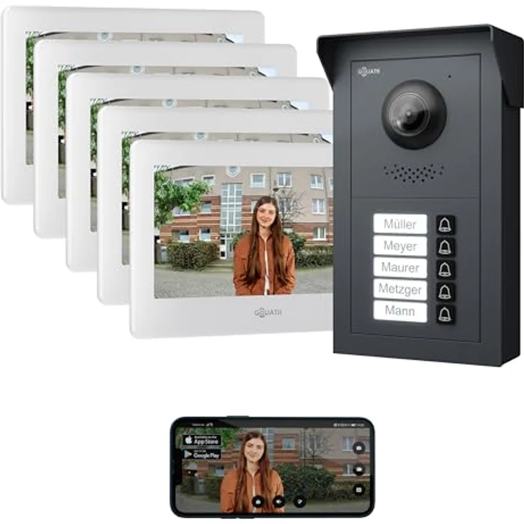 Goliath Intercom Video-Türsprechanlage Basic-Line 5-Familienhaus, 7-Zoll Monitor, 160° HD Kamera, Weiß/Schwarz, 2-Draht BUS, App-fähig – Bild 1
