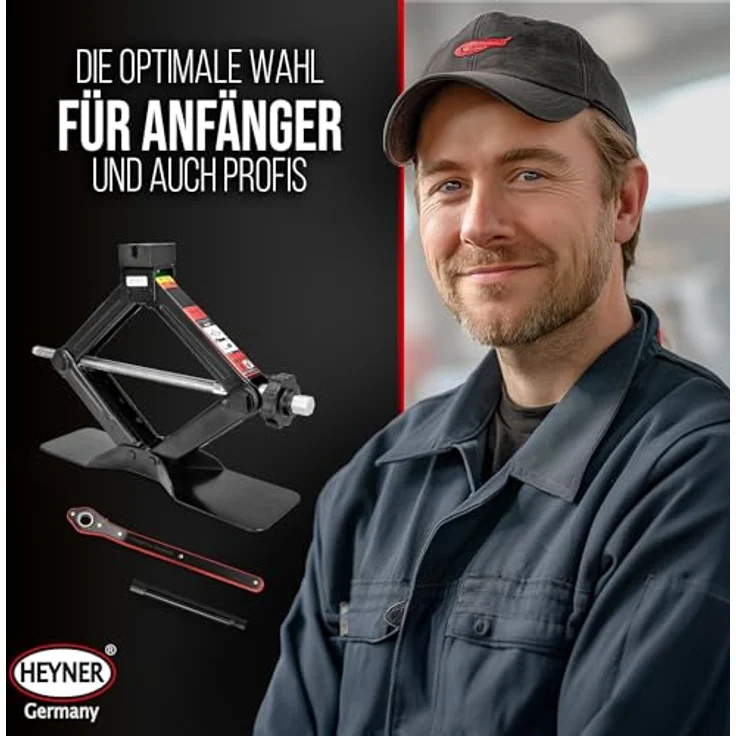HEYNER® Scherenwagenheber 1,5 t, Ratsche mit Tasche und Gummiauflage, TÜV zertifiziert, geeignet für VW, Seat, Skoda, Audi PKW, Hubhöhe 104-380 mm – Bild 8
