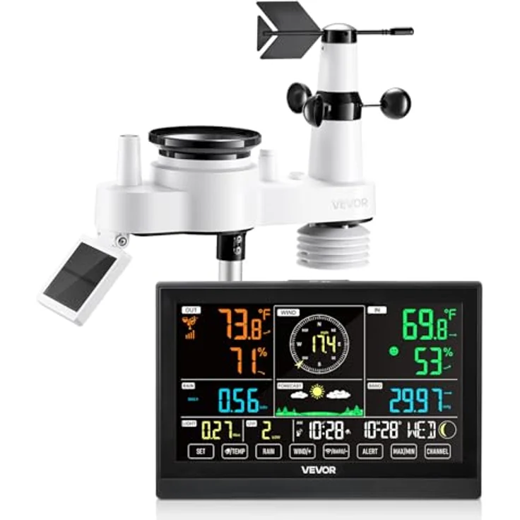 VEVOR 7-in-1-Wetterstation mit 7,5-Zoll-Display, solarbetriebener Außensensor für Temperatur, Luftfeuchtigkeit, Windgeschwindigkeit & -richtung, Regenmesser, ohne WLAN – Bild 1