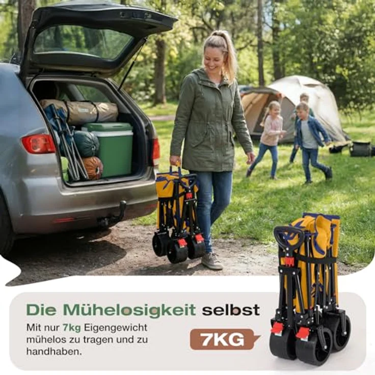 Sekey XXL Bollerwagen, Faltbar, 135L Volumen, 150kg belastbar, All-Terrain Räder mit Bremse, Patentierter 4-Wege-Sofortaufbau, Gelb – Bild 4