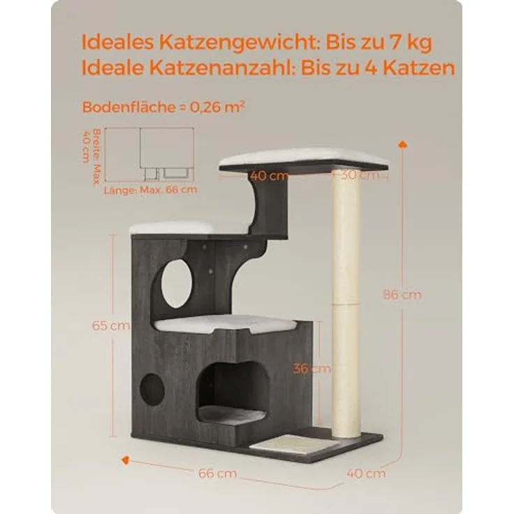Feandrea Kratzbaum, 86 cm hoher Katzenbaum, Spanplatten-Katzenkratzbaum, mit Höhle, Liegeflächen, Säule und Sisal-Kratzmatte, waschbare Plüschkissen, nebelgrau" – Bild 5