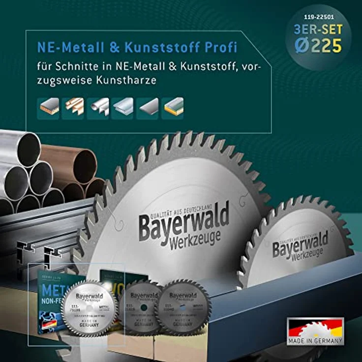 Bayerwald - Kreissägeblatt Set Ø 225 (3 tlg.) - für Holz & NE-Metall - geeignet für Mafell Erika 70 EC, Festool CS70 - HM (Hartmetall) - 225 x 2.5/1.8 x 30 Z32, Z48, Z68 TF - für Holz und Metallbearbeitung – Bild 4