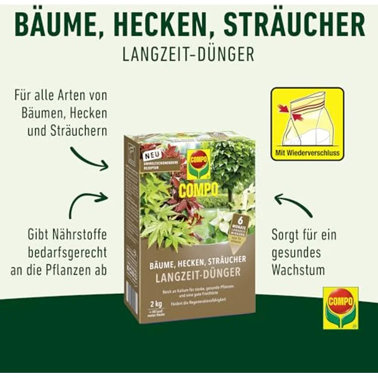 COMPO Bäume, Hecken, Sträucher Langzeit-Dünger, 6 Monate Langzeitwirkung, umweltschonendere Rezeptur, 2 kg für 40 Laufmeter Hecke – Bild 2