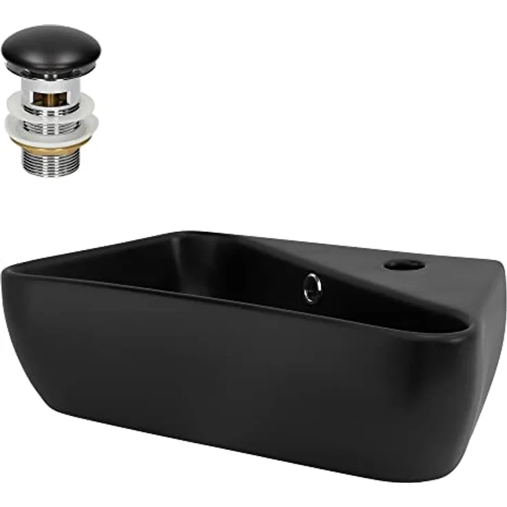 ML-Design Waschbecken Keramik Schwarz 45x27x13 cm Eckig inkl. Ablaufgarnitur, Hahnloch rechts, Wandmontage/Aufsatzwaschbecken, Waschtisch mit Überlauf, Aufsatz-Waschschale Waschplatz Handwaschbecken