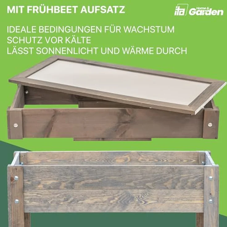 ITA Hochbeet mit Frühbeetaufsatz 80x37x78 cm - Pflanzkasten mit Deckel, Ablageboden, Innenfolie - aus FSC Holz - Grau – Bild 2