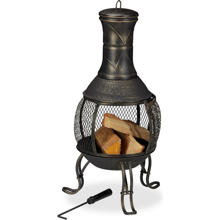relaxdays Feuerschale Aztekenofen für Garten gold, Inka-Design, Funkenschutz, Terrassenkamin – Bild 1