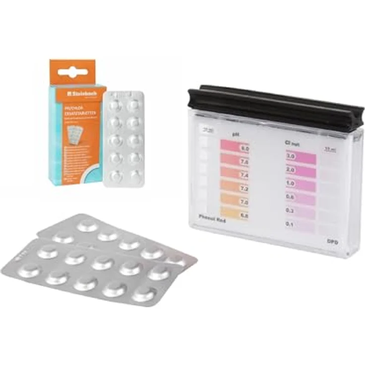 STEINBACH Testkit für pH-Wert und freies Chlor, Pooltest Starter-Kit mit 40 Tabletten Chlor DPD1 und pH-Wert Phenol Red, robuste Kunststoffverpackung, schnelle und einfache Messung – Bild 1