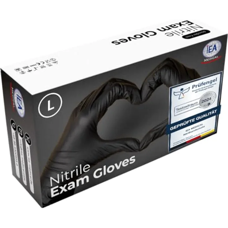 IEA Medical Nitrilhandschuhe Schwarz – Einweghandschuhe, puder- & latexfrei, reißfest, für Allergiker geeignet, geprüft & vielseitig einsetzbar, Größe L