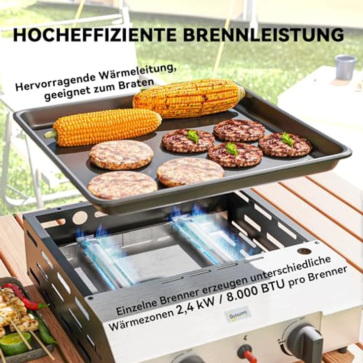 Outsunny Gasgrill 8000BTU/2,4 KW Grillwagen inkl 2 Edelstahl-Brenner Druckminderer Gasschlauch verstellbare Beine Kochplatte, BBQ Gartengrill für Balkon, Camping-Grill 44 x 44,5 x 19 cm, Email beschichtete Metallplatte, piezoelektrische Zündung, kompakte Größe -  blau – Bild 3