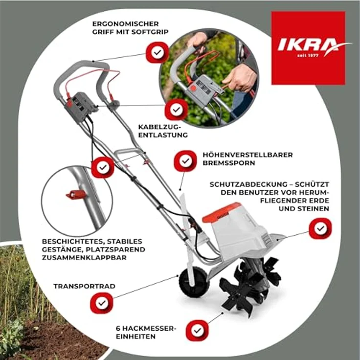 ikra GmbH Elektromotorhacke IEM 1500, 1500 Watt Motor, flexible Arbeitsbreite 32-45 cm, 45 cm Arbeitsbreite, 24 gehärtete Messer – Bild 5