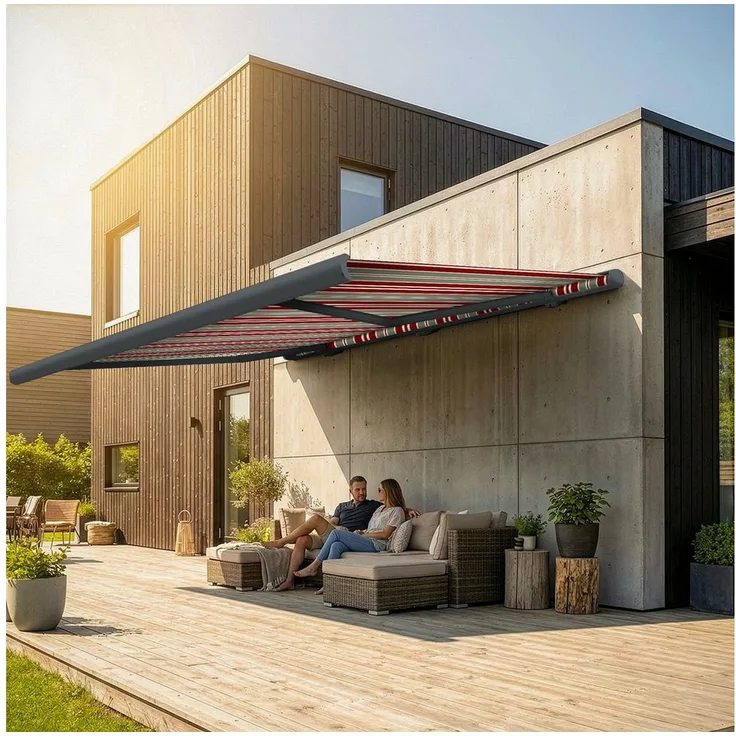 Eclipse Kassettenmarkise, elektrische Vollkassettenmarkise 2x1,5m, Basaltgrau, UV-Schutz 50+, Smarthome-fähiger Dooya-Motor, freie Tuchwahl