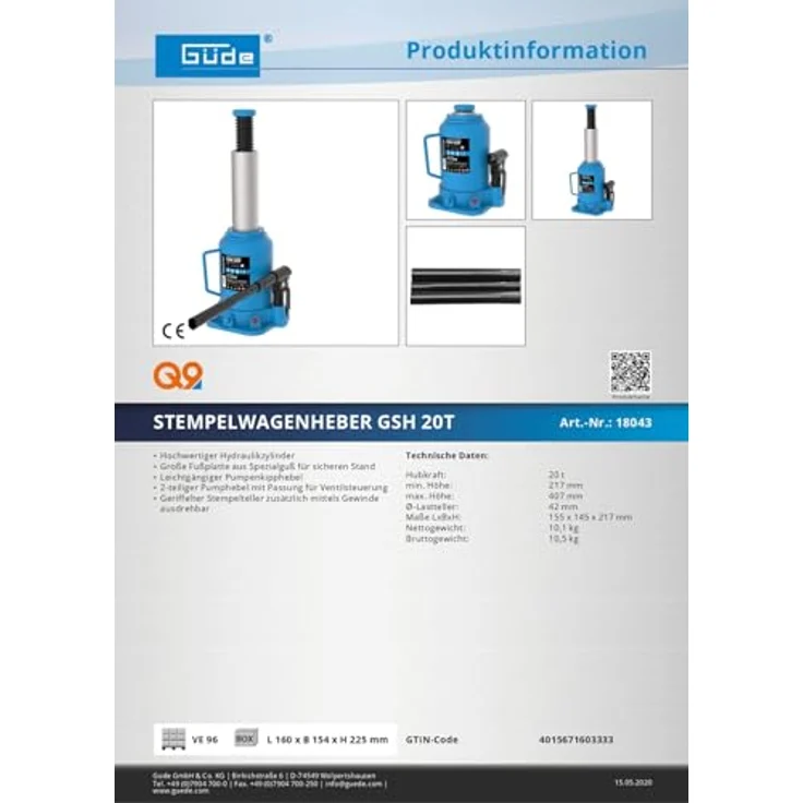 18043 Güde STEMPELWAGENHEBER GSH 20T Hydraulikheber – Bild 5