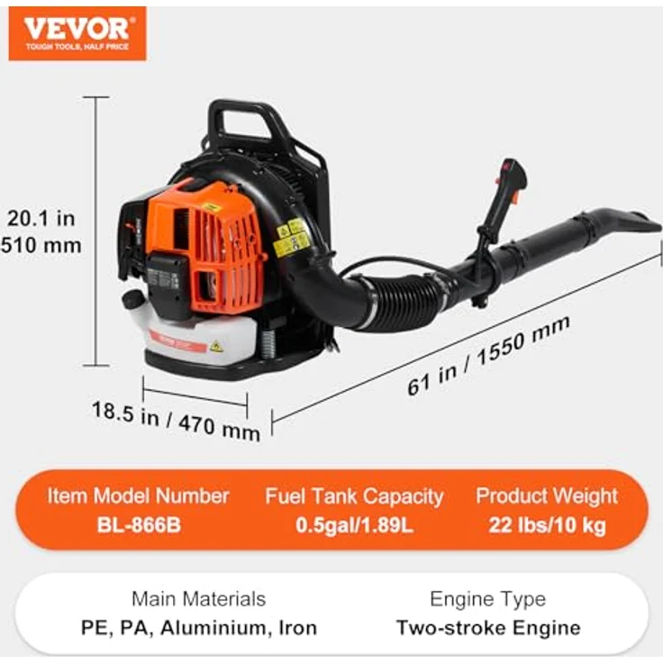 VEVOR Rucksack-Laubbläser, 63 CC 2-Takt Benzin, 1110 CFM Luftvolumen, 220 MPH, 1,89 l Kraftstofftank, ideal für Rasenpflege und Laubreinigung – Bild 7
