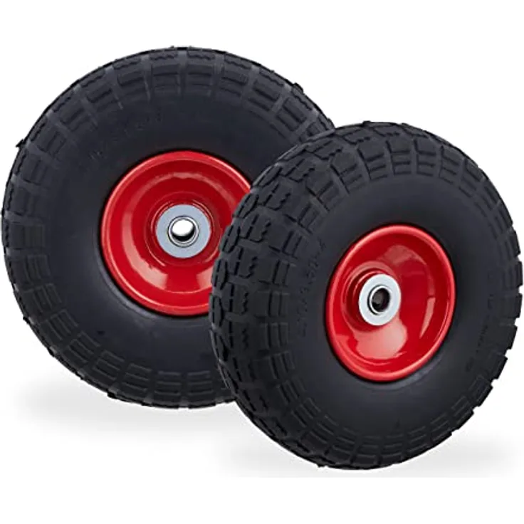 Relaxdays 2X Sackkarrenrad, pannensichere Vollgummireifen, 4.1/3.5-4", 16 mm Achse, bis 150 kg, 260x85 mm, schwarz-rot