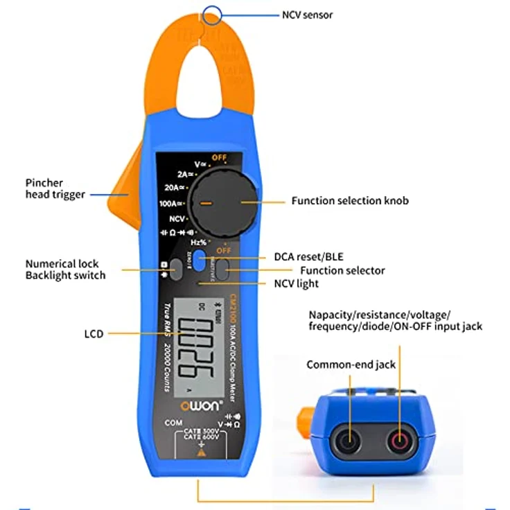 OWON CM2100 Digitales Stromzangenmessgerät Smart Electrical Tester 600V AC/DC True RMS VFC Diodenmultimeter, tragbar und handlich – Bild 2